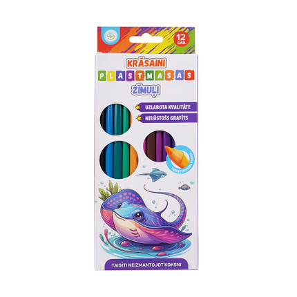 Krāsainie plastmasas zīmuļi, 12 krāsas