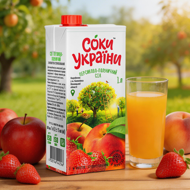 Persiku-zemeņu sula ar mīkstumu Soki Ukraini, 1 l