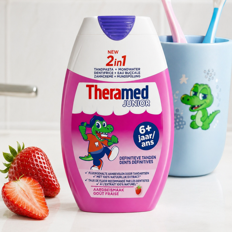 Junior zobu pasta ar zemeņu garšu 2in1 Theramed, no 6+ gadiem, 75 ml