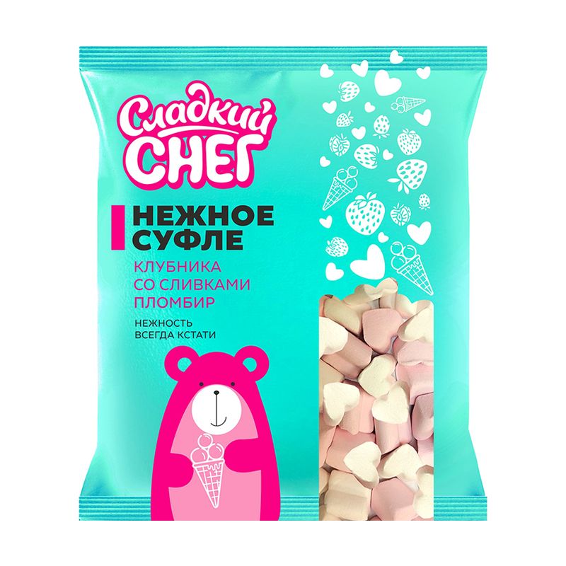 Zefīri Marshmallow ar zemeņu, krējuma un plombīra garšu, 130 g