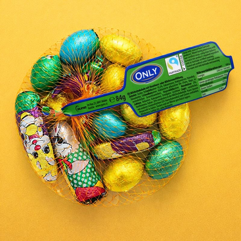 Piena šokolādes zaķi/olas ar lazdu riekstu pildījumu, 84 g