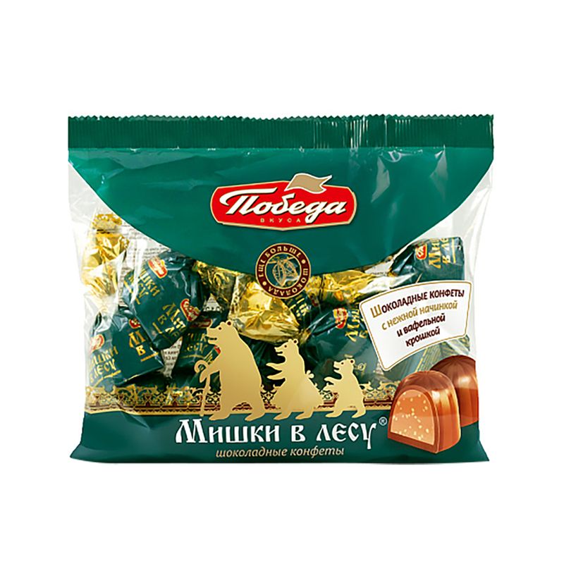 Šokolādes konfektes ar pildījumu un vafeļu skaidiņām Mishki v lesu, 200 g