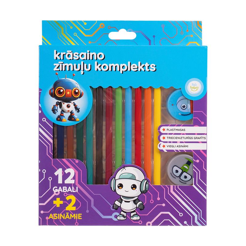 Krāsaino zīmuļu komplekts, 12 gab.+ 2 asināmie