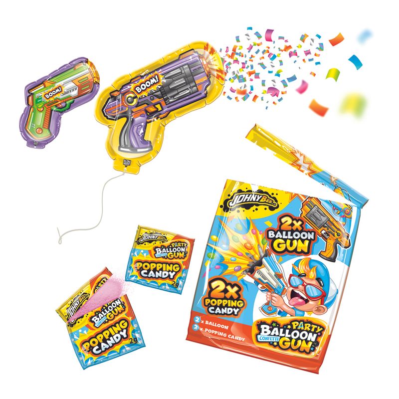 Pārsteiguma koplekts ar saldumiem, JOHNY BEE Party Balloon Confetti Gun, 4g, 2 ballons