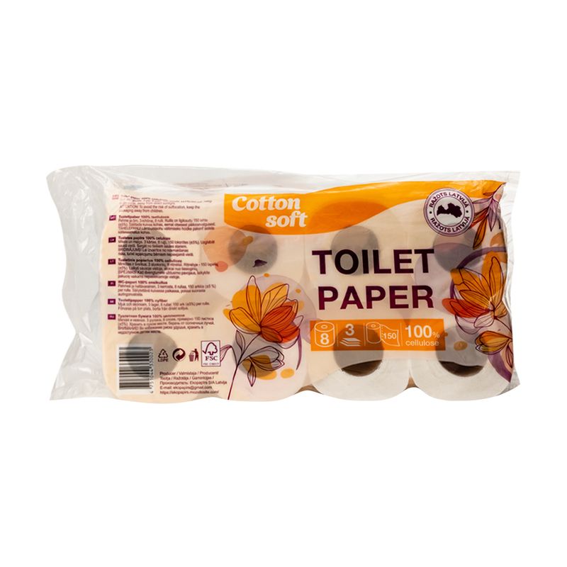 Tualetes papīrs, 8 ruļļi, 3 slāņi