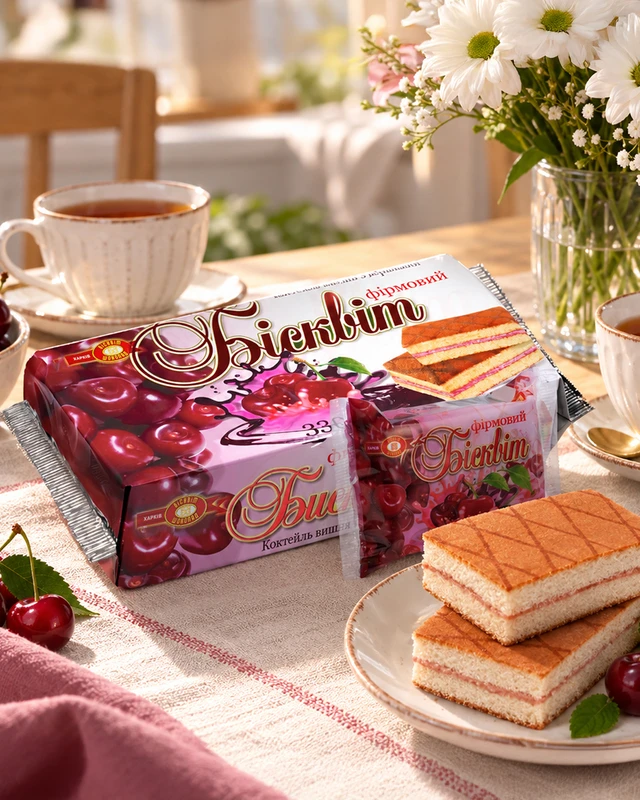 Biskvīts ar ķiršu krēma pildījumu, 330 g