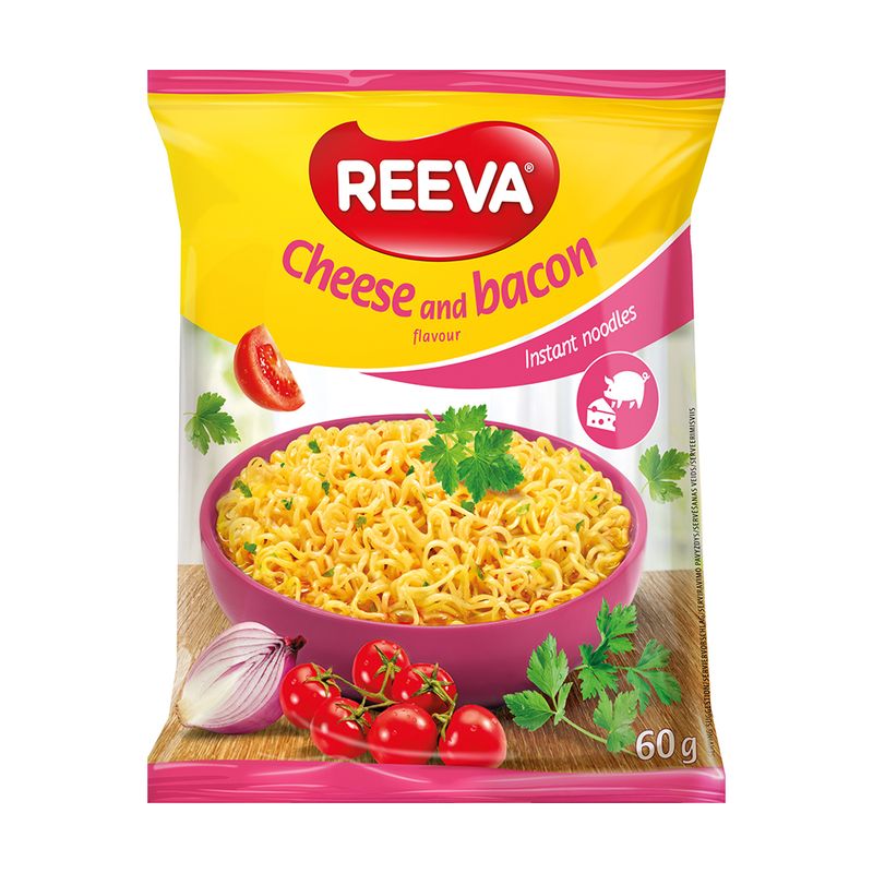 Ātri pagatavojamās nūdeles ar siera un bekona garšu REEVA, 60 g