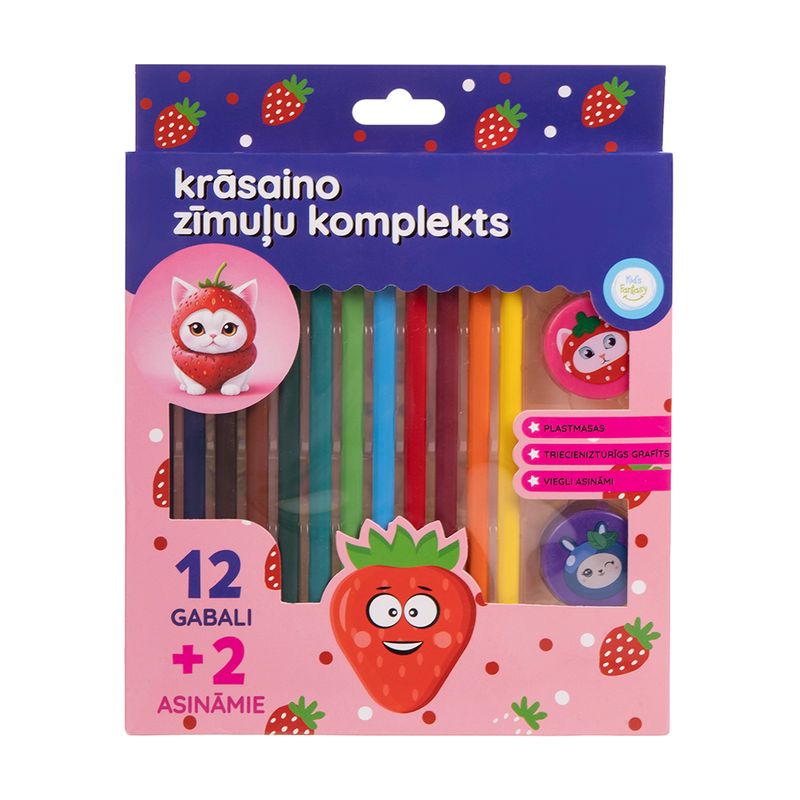 Krāsaino zīmuļu komplekts, 12 gab.+ 2 asināmie