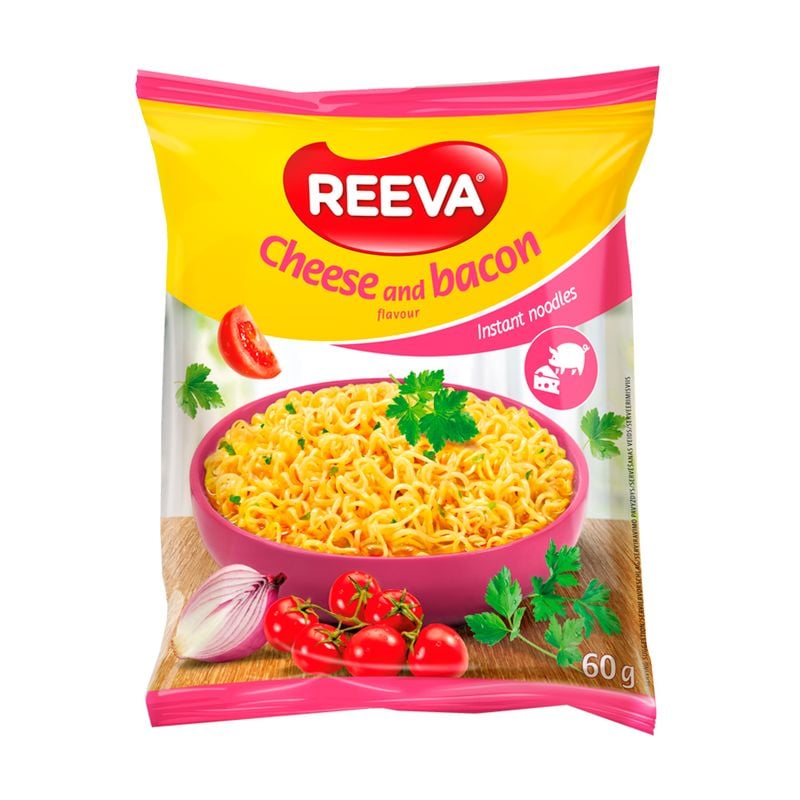 Ātri pagatavojamās nūdeles ar siera un bekona garšu REEVA, 60 g