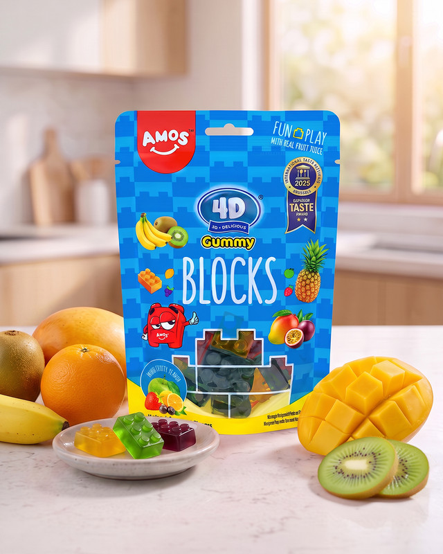 Želejas konfektes ar augļu garšu Amos 4D Blocks, 72 g