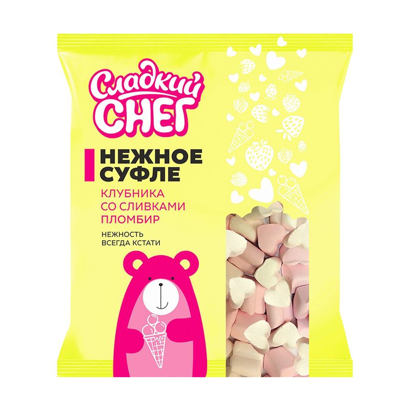 Zefīri Marshmallow ar zemeņu, krējuma un plombīra garšu, 130 g