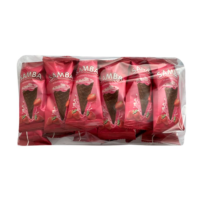 Vafeļu konusi Samba ar zemeņu garšas pildījumu, 200 g